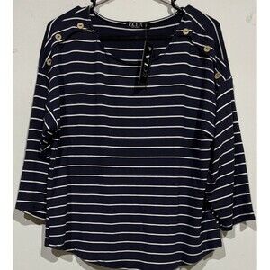 ECLA Women Size Large Top New With Tags Blue White Stripe 1/2 Sleeves Round Neck